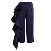 Asymmetric Draped Frill Pleated High Waist Wide Leg Cropped Pants
